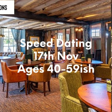 Cozy restaurant promoting speed dating for ages 50+ on June 4th.