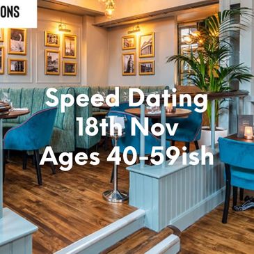 Cozy restaurant promoting speed dating for ages 50+ on June 4th.