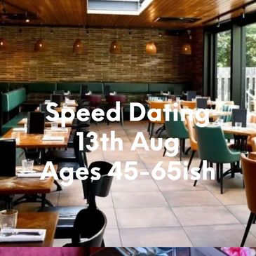 Cozy restaurant promoting speed dating for ages 50+ on June 4th.