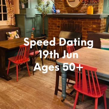 Cozy restaurant promoting speed dating for ages 50+ on June 4th.