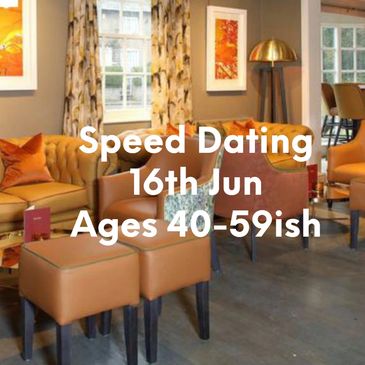 Cozy restaurant promoting speed dating for ages 50+ on June 4th.