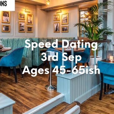 Cozy restaurant promoting speed dating for ages 50+ on June 4th.