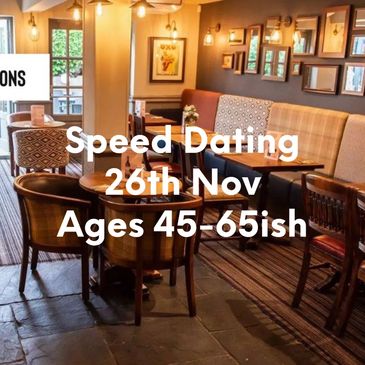 Cozy restaurant promoting speed dating for ages 50+ on June 4th.