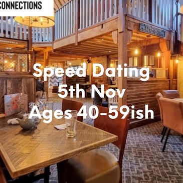 Cozy restaurant promoting speed dating for ages 50+ on June 4th.