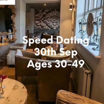 Cozy restaurant promoting speed dating for ages 50+ on June 4th.