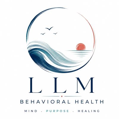 LLM Behavioral Health logo with ocean waves and sunset.