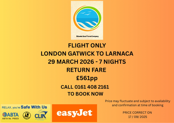 Flight offer from London Gatwick to Larnaca for £561 return, 7 nights, book now.