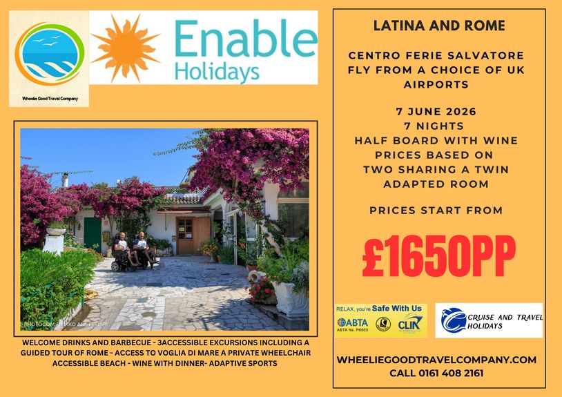 Wheelchair users in a courtyard with bougainvillea flowers.