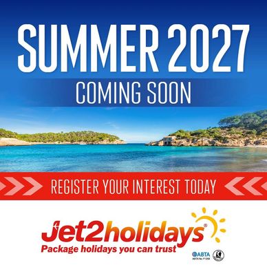 A beach scene with Jet2 logo