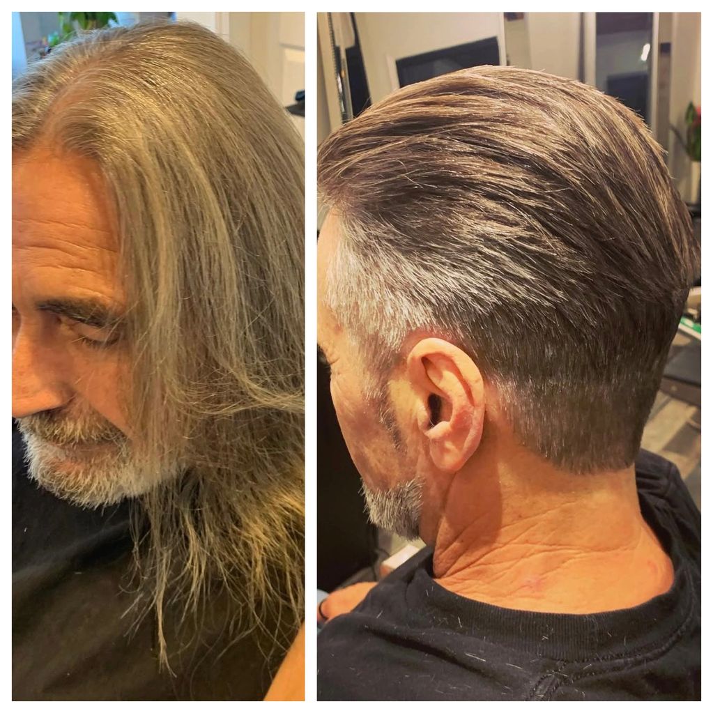 Side-by-side comparison of a man's long hair before and a sleek, short haircut after.