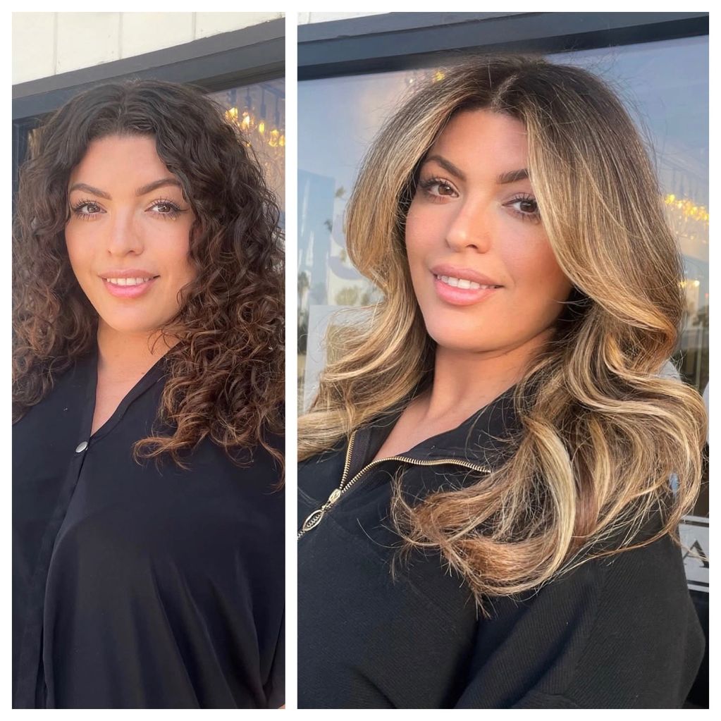 Before and after hair transformation showing curly to styled blonde highlights.