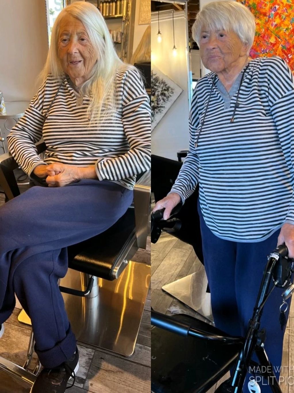 Two elderly women in striped tops, one seated and one standing with a walker.