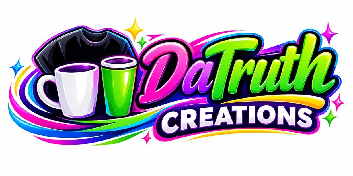 Colorful logo for DaTruth Creations with a shirt and cups.