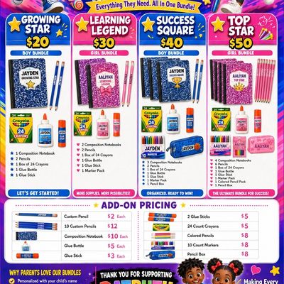 School supply bundles for boys and girls with pricing.