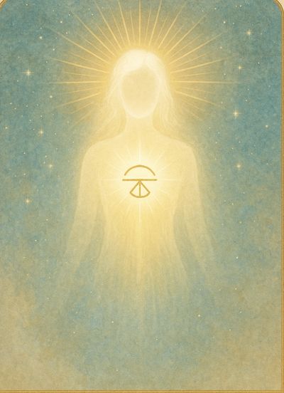 Radiant glowing figure with a halo and symbolic chest light against a starry background.
