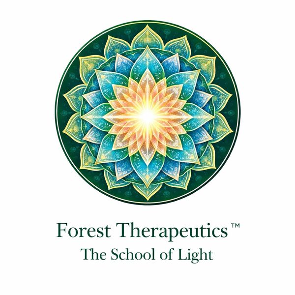 Colorful mandala with glowing center and text 'Forest Therapeutics, The School of Light'.