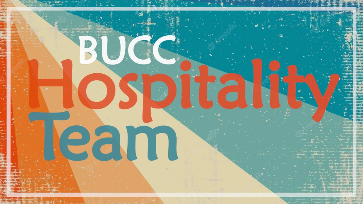 Retro-style BUCC Hospitality Team poster with colorful rays.