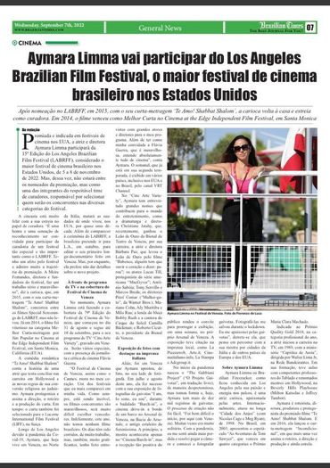 Atriz Aymara Limma festival de cinema de Veneza e Los Angeles Brazilian Film Festival
