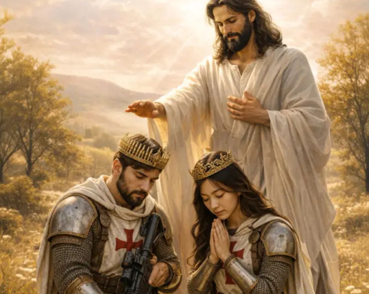 Medieval knights being blessed by a robed man outdoors.