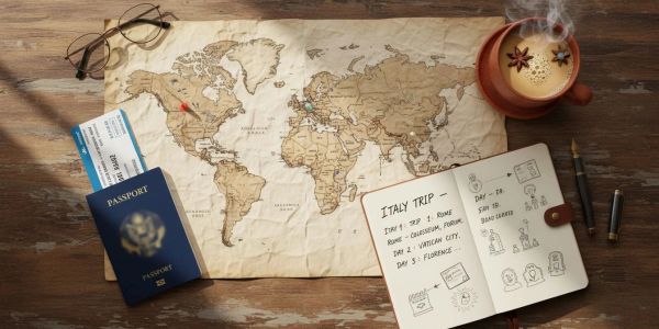 Travel essentials with world map and Italy trip planner.