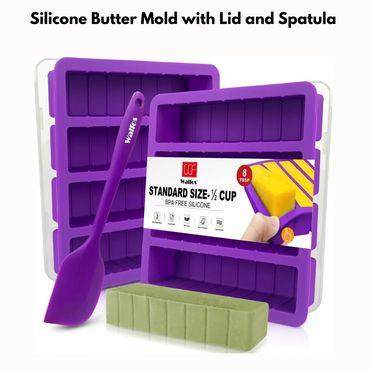 Silicone Butter Mold w/Lid and Spatula Non-Stick Tray Fits Standard Butter Stick Size 2 Packs