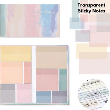 Transparent Sticky Notes Set, 6 Sizes in 10 Colors, Waterproof Sticky Notes, See Through, 500 Sheets