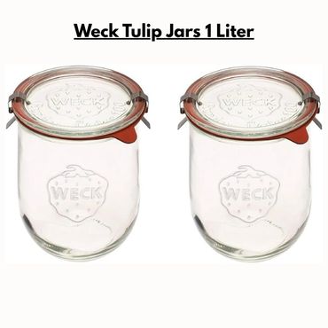 Weck Tulip Jars 1 Liter - Large Sour Dough Starter Jars with Wide Mouth - 2 with Glass Lids
