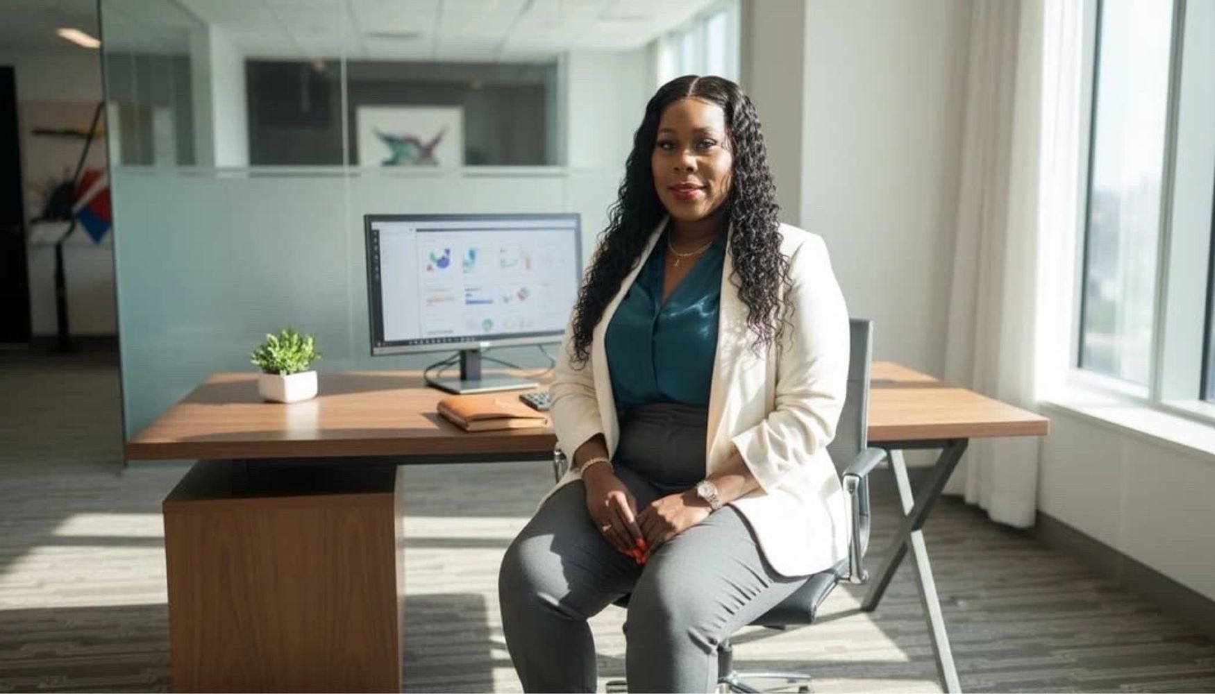 Professional woman sitting confidently in a modern office setting.