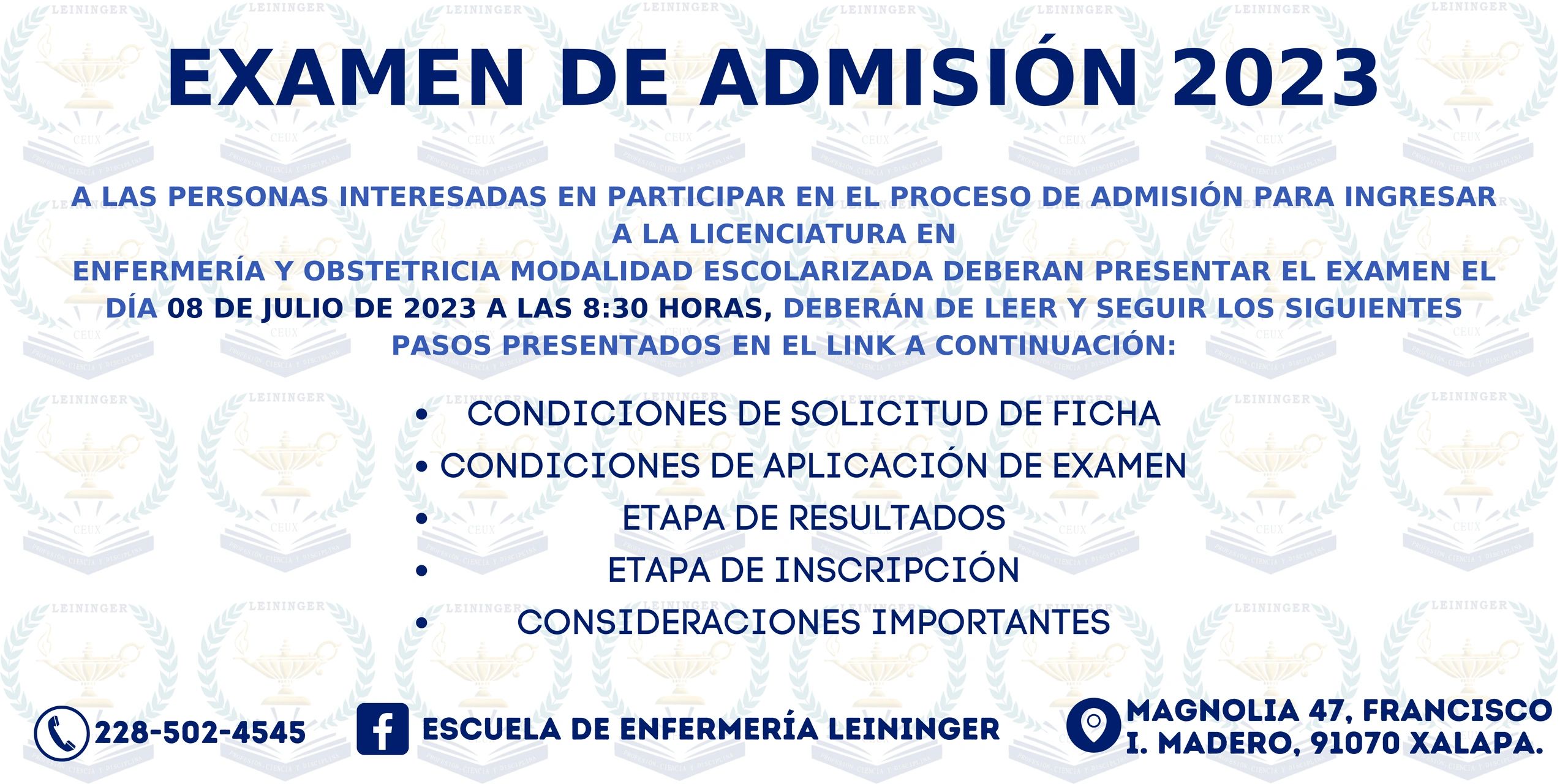 Anuncio del examen de admisión 2023 para enfermería y obstetricia en Xalapa.