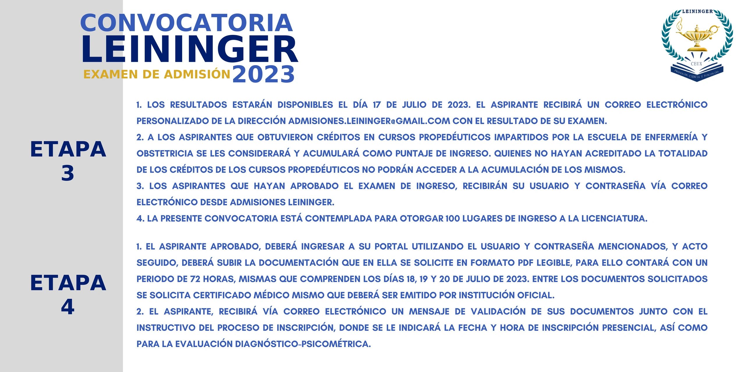 Convocatoria para examen de admisión Leiniger 2023 en pasos y etapas.