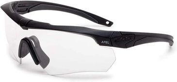 Clear protective sports glasses with black frame and adjustable nose pads.