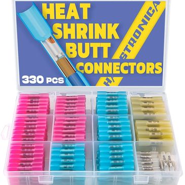 A set of 330 heat shrink butt connectors in various colors organized in a plastic case.