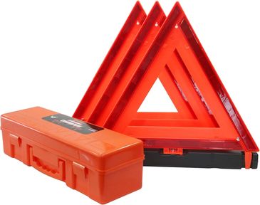 Set of three red reflective warning triangles with an orange carrying case.