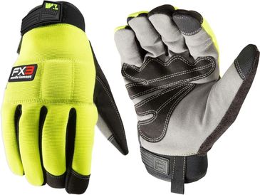 High-visibility work gloves with reinforced palms for durability.