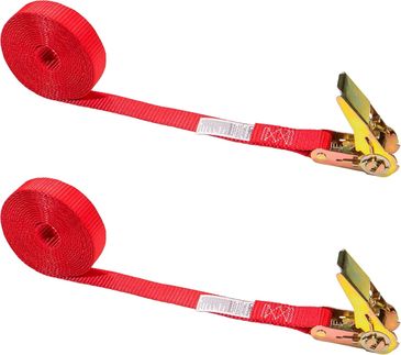 Two red ratchet tie-down straps with metal hooks for securing cargo.