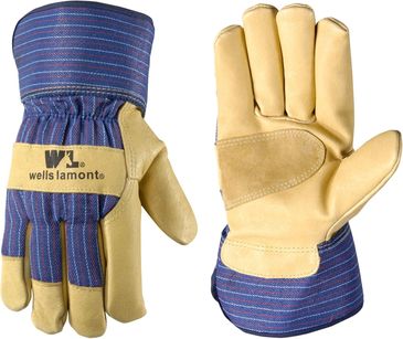 Pair of durable work gloves with blue striped fabric and tan leather palms.
