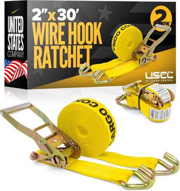 Two yellow wire hook ratchet straps, 2 inches by 30 feet, with packaging.