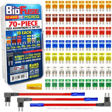 A 70-piece assorted automotive fuse kit with various amperage fuses and accessories.