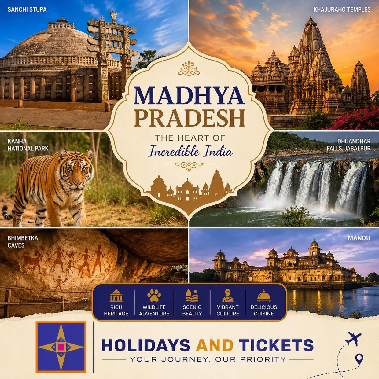 Madhya Pradesh showcases heritage, wildlife, scenic beauty, culture, and cuisine.