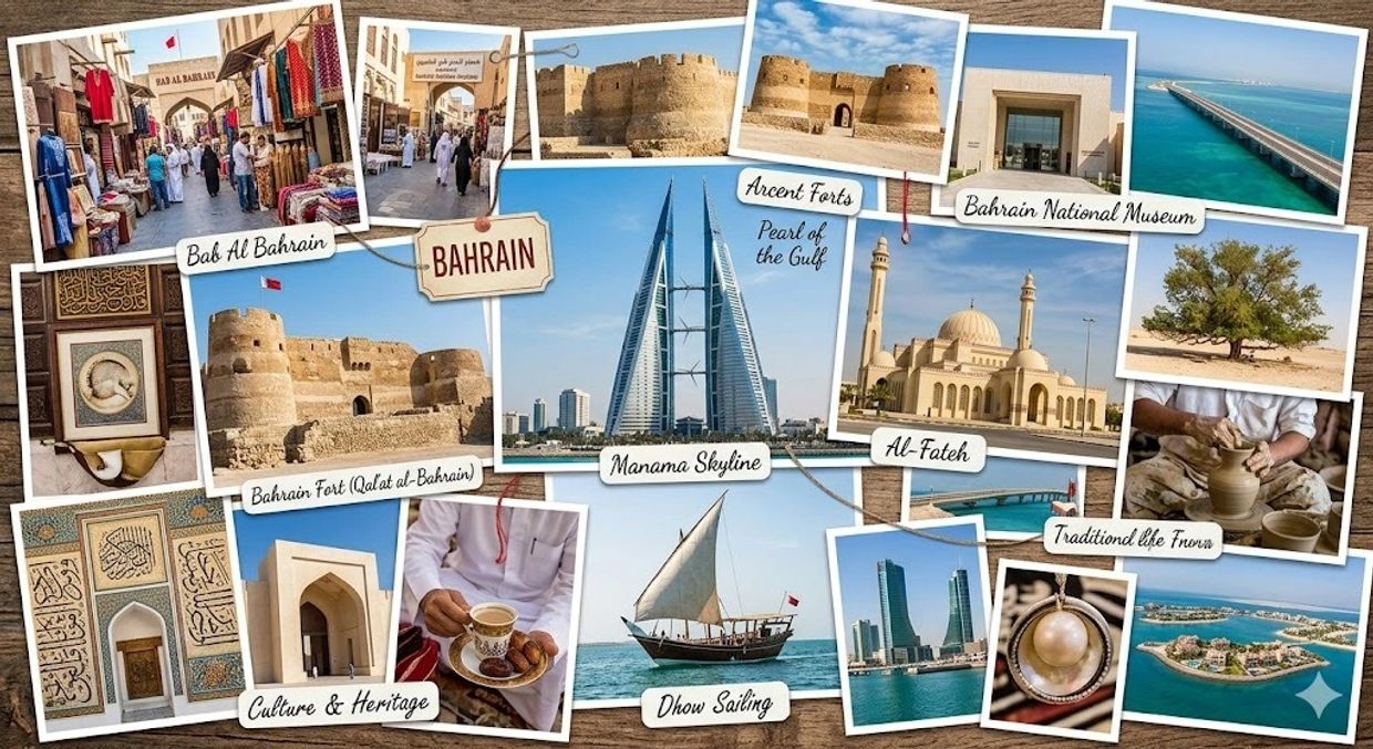 Collage showcasing Bahrain's culture, landmarks, and traditional life.