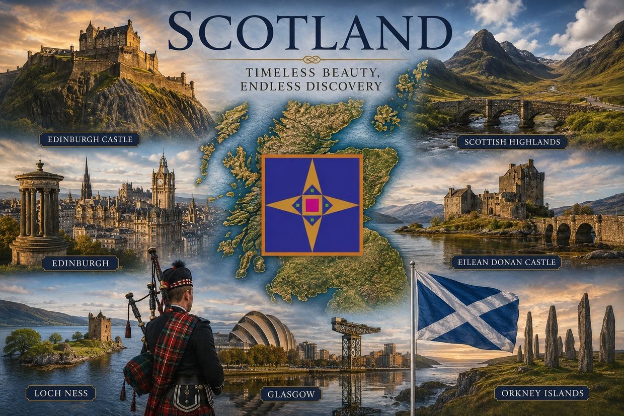 A collage showcasing Scotland's iconic landmarks and landscapes.