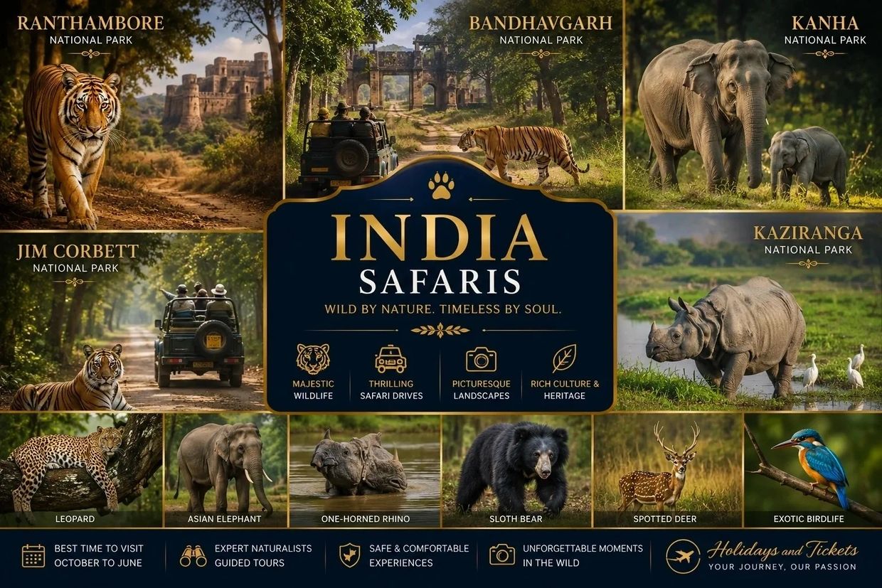 Collage showcasing India's top national parks and iconic wildlife species.