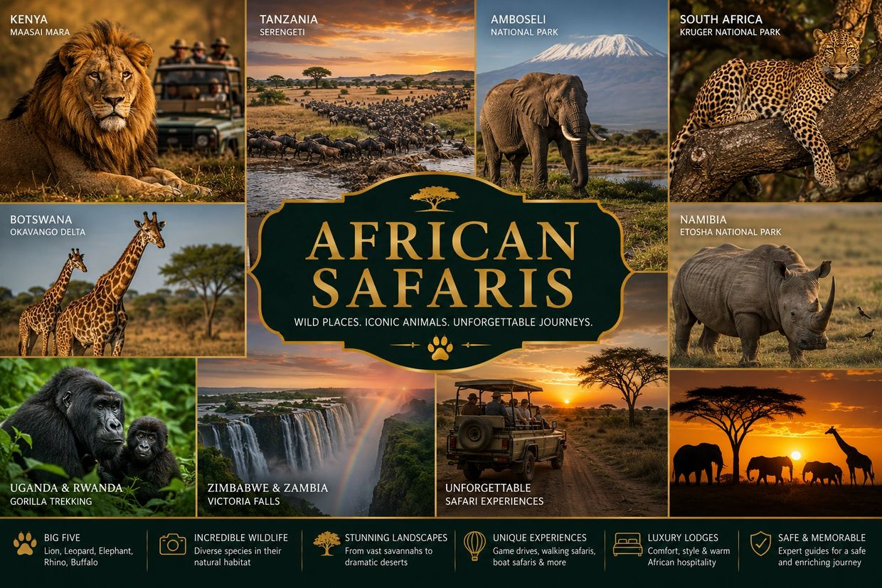 African safari collage showcasing wildlife, landscapes, and safari experiences across various African countries.