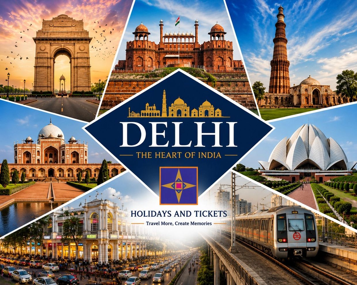 Iconic landmarks and vibrant city life of Delhi, India.