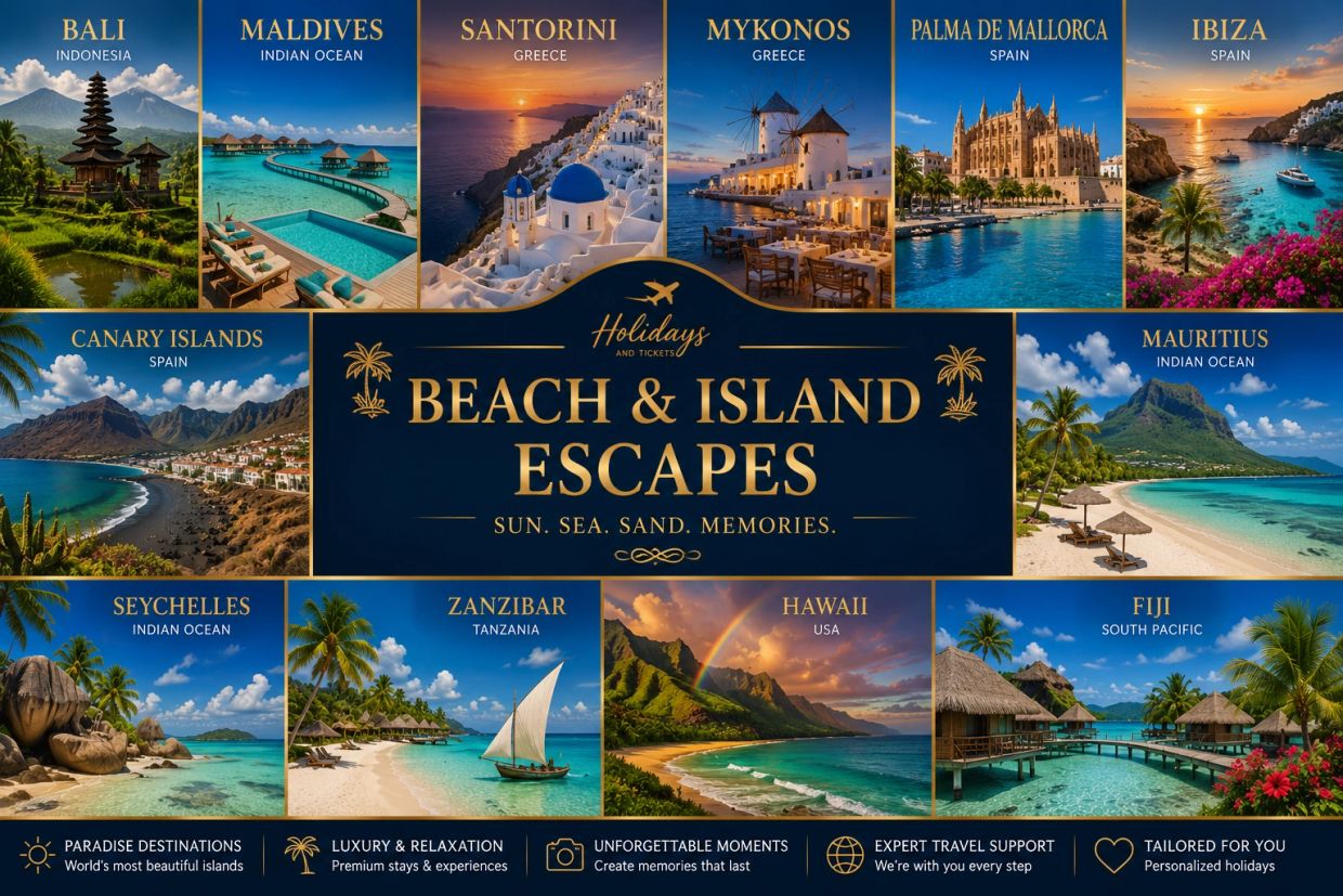 Collage of stunning beach and island destinations worldwide with travel highlights.