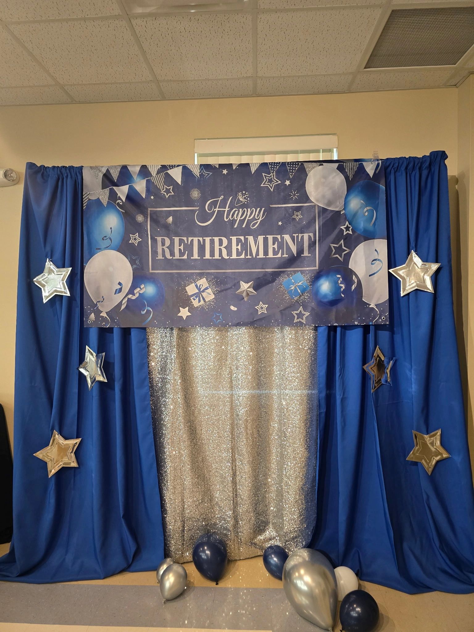 Decoration setup for a retirement celebration.