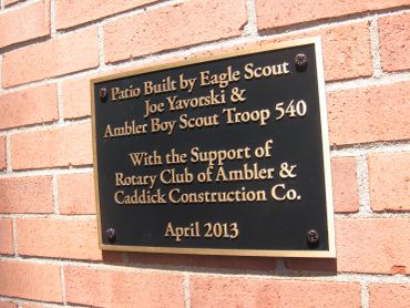 Plaque honoring Eagle Scout Joe Yavorski and Ambler Boy Scout Troop 540.