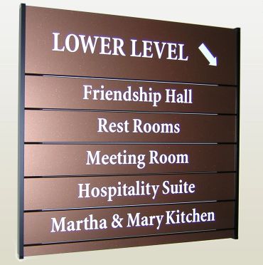 Sign indicating lower level facilities.