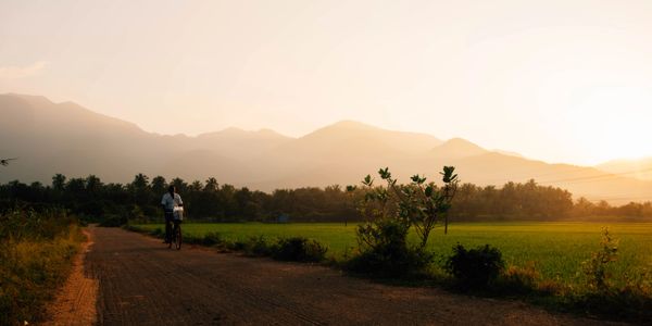 A person rides a bicycle on a rural path during sunset with mountains in the background.