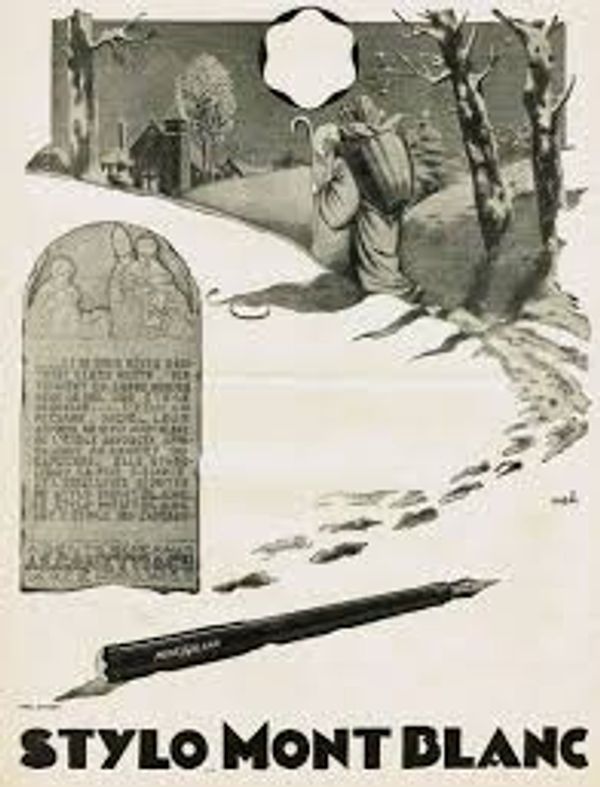 Vintage Mont Blanc pen ad featuring a snowy winter scene with a traveler and footprints.